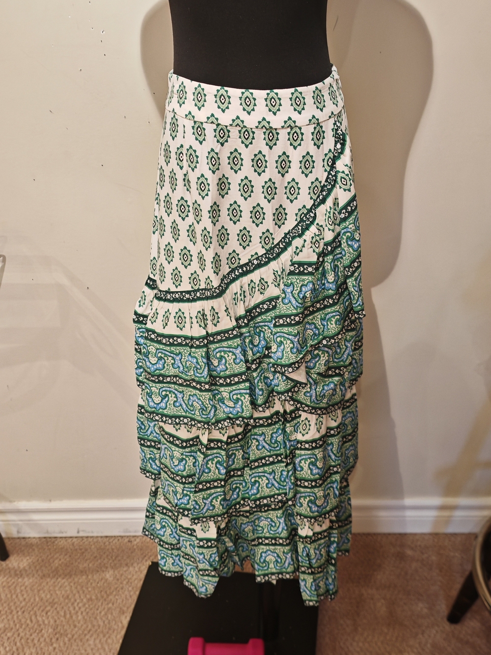 Sandro Green & White Printed Ruffle Wrap Skirt - Picture 11 of 16